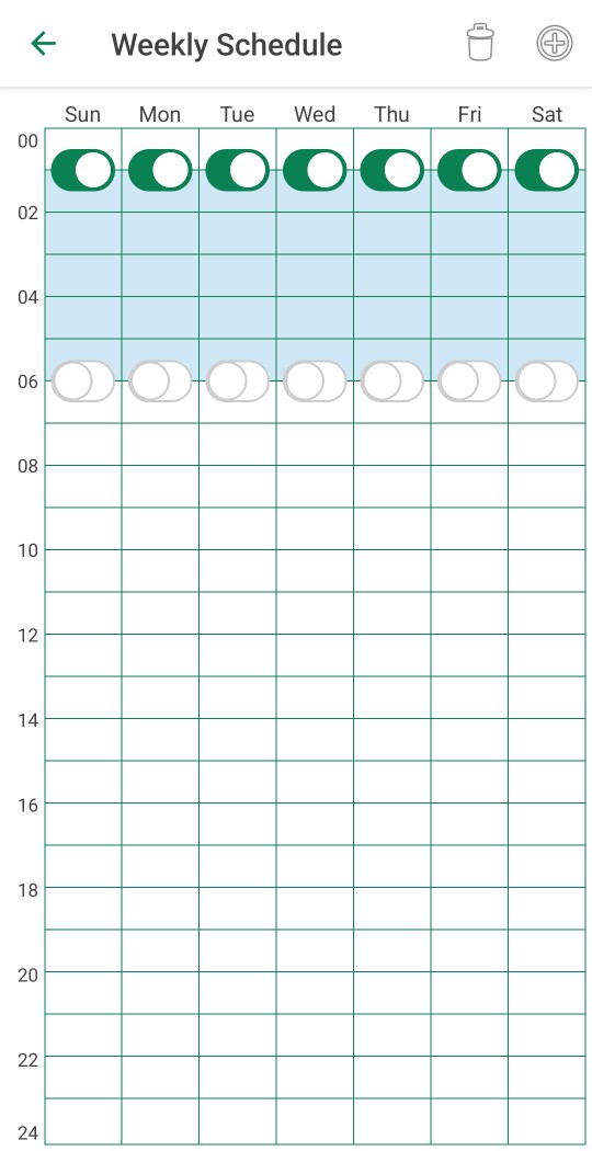 Blink app weekly schedule screen showing armed and disarmed toggles